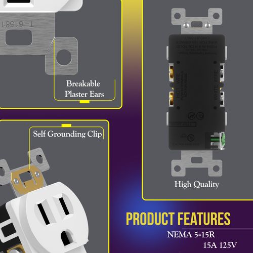 ENERLITES Duplex Receptacle Outlet, Residential Grade Electrical Wall Outlet, 15A 125V, Self-Grounding, 2-Pole, 3-Wire, UL Listed, 61581-W-10PCS, White (10 Pack)