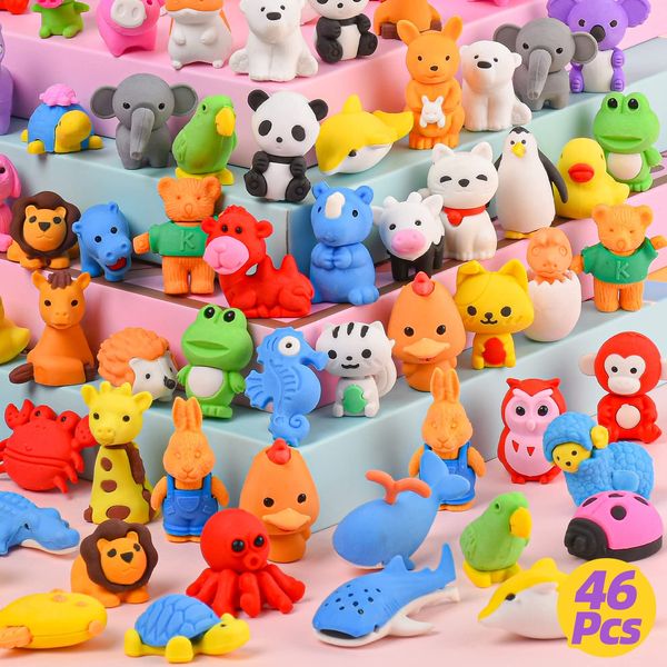 Kaemi 46Pcs Animal Erasers for Kids Desk Pets Pencil Erasers Puzzle Erasers Animals Bulk 3D Erasers Take Apart Erasers Toys for Party Favors Treasure Box Games Prizes