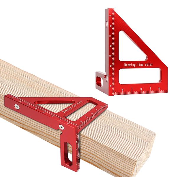 3D Multi Angle Measuring Ruler, 45° & 90° Degree Triangle Scriber Square Protractor, Miter Triangle Ruler Measuring Tool for Engineer Aluminum Inch Scale for Carpenters and Woodworkers (Red)