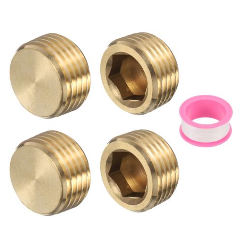 uxcell 4 Pcs Brass Plug Hex Counter Sunk Plug, G1/2" Male Brass Plug Male Threaded Socket Pipe Plug Fitting Brass Plugs Fitting Hex Head Plug for Water Oil Gas