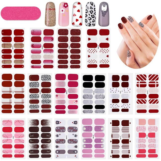 224 Pieces 16 Sheets Valentine Nail Stickers Polish Strips Full Wraps Nail Stickers Heart Self Adhesive Nail Decals Tips with Nail File, Nail Art Stencil Strip Manicure Accessories for Women Girl