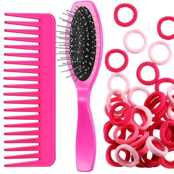 Doll Hair Care Set, Doll Hairbrush Wig Wire Brush, Wide Tooth Comb, 50 Piece Nylon Hair Ties, Hair Styling Doll Accessories Doll Supplies for Dolls (Pink, Rose Red)