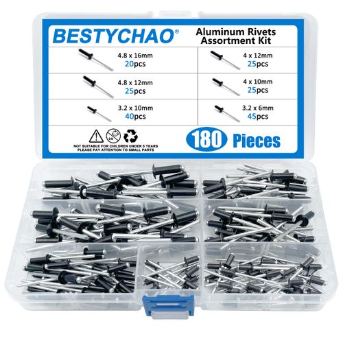 180pcs Aluminum Blind Rivets, BESTYCHAO Pop Rivets Assortment Kit 6 Sizes Black Pop Rivet 3.2mm 4mm 4.8mm
