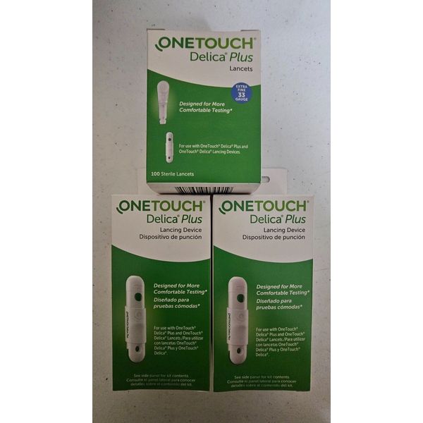 OneTouch Delica Plus LOT OF 3 Lancing Device x2 + 100 Lancets(33G) Exp 10/27+ 1Z