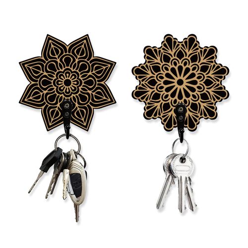 AHANDMAKER Wood Mandala Key Holder, 2 Sets, Wall Mount, Bohemian Style, 2 Hooks, Key Organizer Decorations, Home Decor, 3.9x3.9x0.3 inch, 3 lbs Weight Capacity