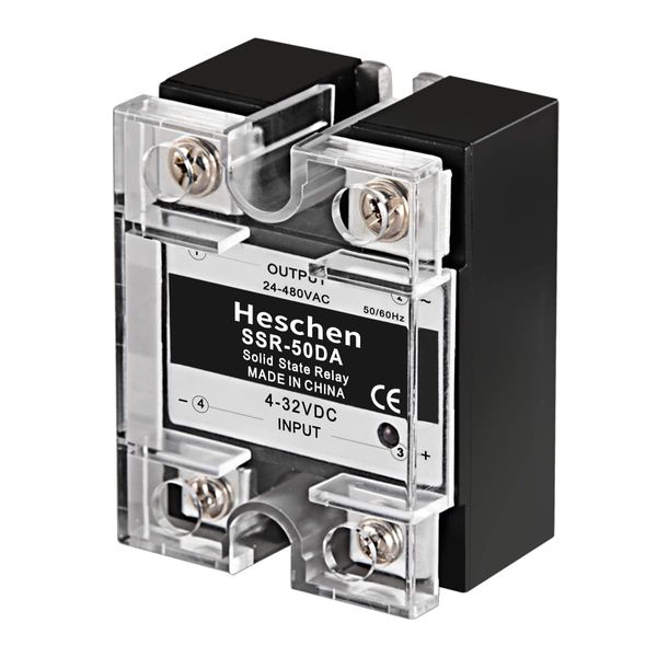 Heschen Single Phase DC/AC Solid State Relay, SSR-50DA, Input 4-32VDC, Output 24-480VAC, 50A 50-60Hz