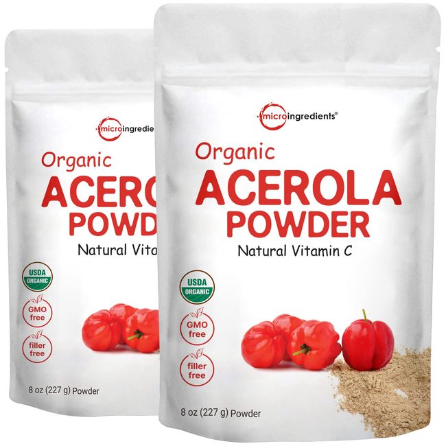 2 Pack of Pure USDA Organic Acerola Cherry Powder, Natural and Organic Vitamin C for Immune System, 8 Ounce, No GMO, No Gluten, Brazil Origin