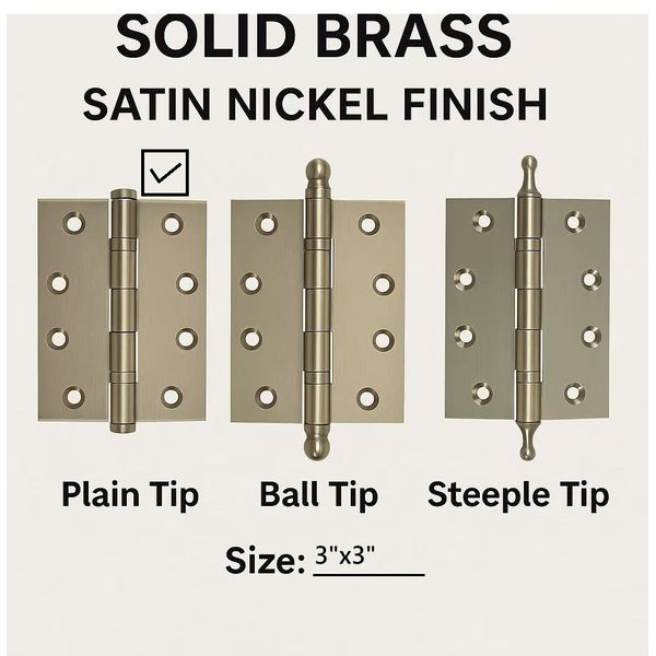 3”x3” Solid Brass Hinge Satin Nickel Finish Plain Tip Heavy Duty w/ Screws