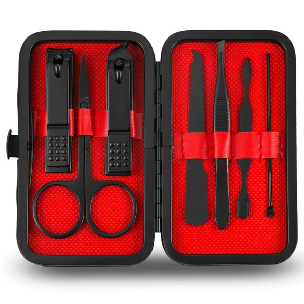 Manicure Pedicure Set Nail Clippers Kit 7 Pcs Stainless Steel Hygiene Kit Portable Nail Trimming set and Grooming Tools with Fine Leather Case [Gift Box] (Black)