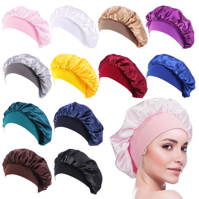 Tergy 12pcs Satin Bonnet Caps for Women Solid Color Hair Bonnets for Sleeping Elastic Band Bonnet Hats for Black Women Hair Care