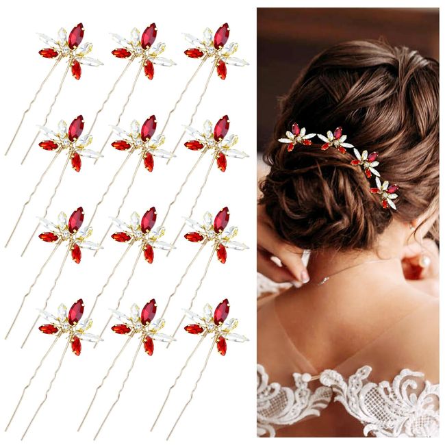 Dizila 12 Pack Red Sparkly Rhinestone Party Prom Wedding Bridal U-shaped Hairpins Headpieces Hair Accessories for Brides Bridesmaids Women Girls