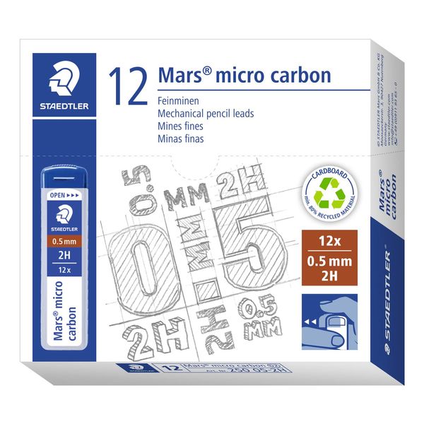 STAEDTLER 250 05-2H Mars Micro Refill Leads for Mechanical Pencils - 2H, 0.5mm (Box of 12 x Tubes of 12 Leads)