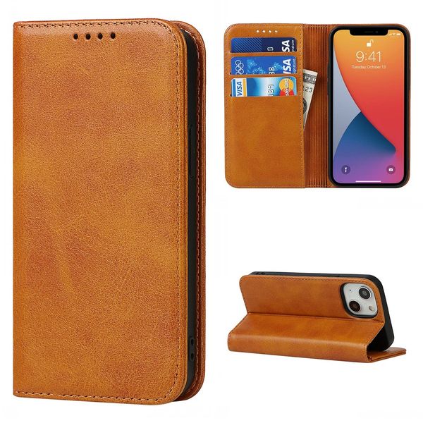 Copmob iPhone 13 Case, Flip Wallet Leather Case [3 Slots] [Stand Function] [Magnetic Closure] Flip Case Cover for iPhone 13 – Light Brown