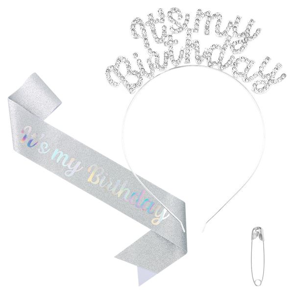 BAHABY Birthday Crowns for Women, It's My Birthday Sash & Birthday Headband Set Princess Birthday Sash and Rhinestone Tiara Birthday Sweet Happy Birthday Accessories for Party- Silver