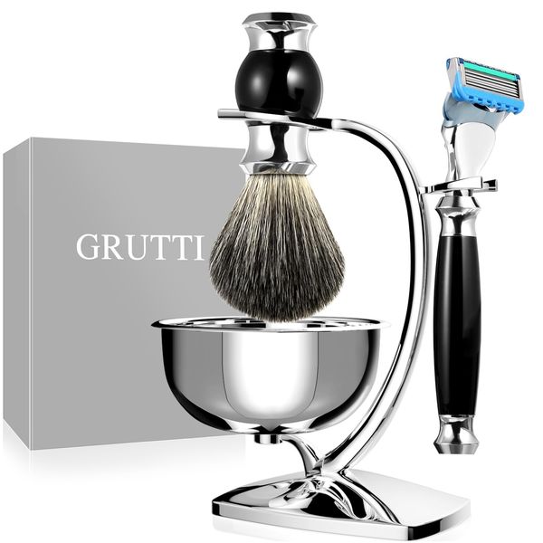 GRUTTI Premium Shaving Brush Set with Brush Stand and Brush Holder for Soap Bowl and Manual Razor Shaving Gift Sets for Men compitable for Fusion 5s for Men (Fu 5 & Badger Hair Version)