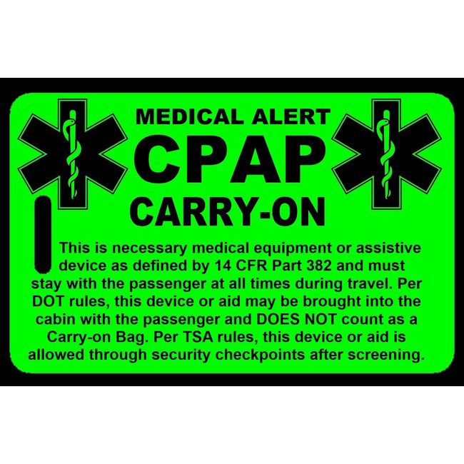 Hi-Viz Green Carry-On CPAP  Bag Tag - TSA - Sleep Apnea