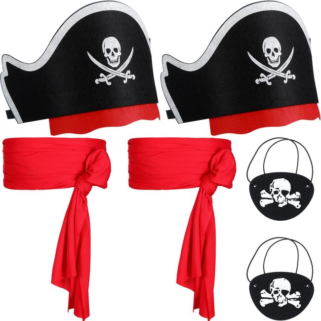 Vicenpal 6 Pieces Captain Pirate Costume Accessories Set, 2 Pcs Kids Eye Patches Sash Belt Hat for Boys Girls Halloween Party Role Play, approx. 70 x 3.15 inches, Black, Red, White