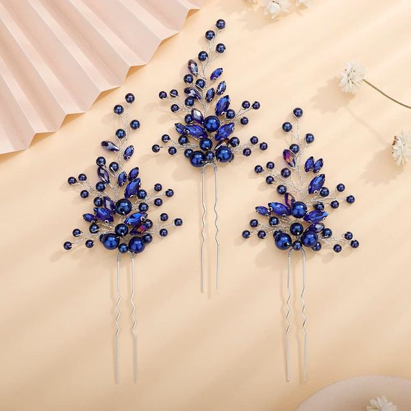 Teyglen Bride Wedding Crystal Pearls Hair Pins Vintage Blue Pearl Hair Pins Set Bridal Rhinestone Hair Pieces Headpieces Vintage Hair Accessories Jewelry Set for Women Girls (Blue)