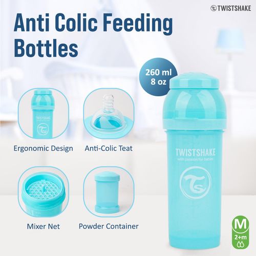 Twistshake Anti-Colic Baby Bottle with Milk Powder Container and Mixer - 260ml | Medium Flow Silicone Breast-Like Nipple | BPA- Free Baby Milk Bottle | Suitable for 2+ Month Babies | Pastel Blue