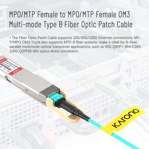 Karono MPO-MPO Fiber Optic Patch Cable, Type B OM3 33 ft (10M) Multimode Fiber, 8 Cores Fiber for QSFP+Transceivers MTP Compatible Cabling System, Patch Panel Cabinet, FTTH, EPON Application, Aqua