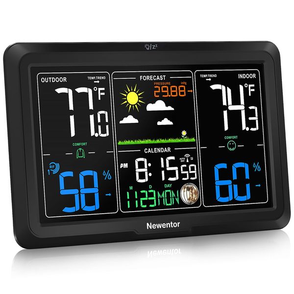 Newentor Weather Station Wireless Indoor Outdoor, Indoor Outdoor Thermometer Wireless, 7.5" Home Weather Stations with Atomic Clock, Temperature Humidity Gauge, Weather Forecast and Barometer, Black