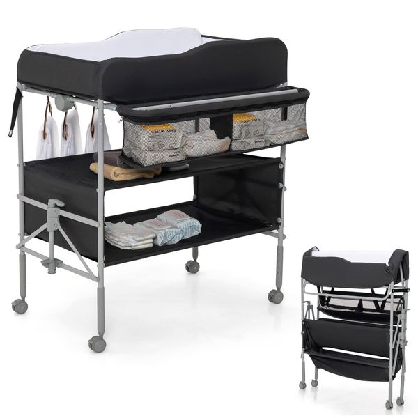 COSTWAY Baby Changing Table, Folding Nursery Changing Station with 4 Lockable Wheels, Rail, Storage Basket & Shelves, Height Adjustable Newborn Bath and Changer Unit Organizer (Black)