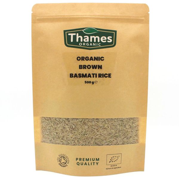 Organic Brown Basmati Rice - Source of Fibre, High Protein, No Additives, No Preservatives, Raw, Vegan, GMO-Free, Certified Organic - Nutritious Whole Grain - Thames Organic 500g