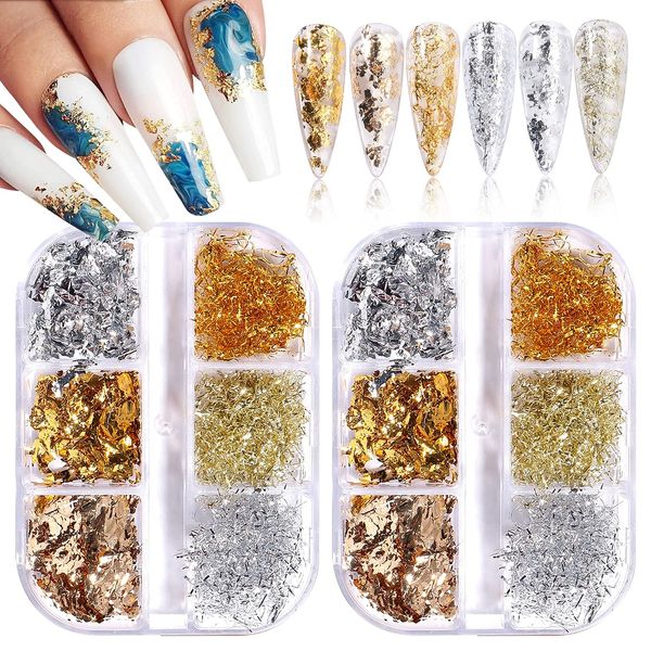 EBANKU Gold Silver Nail Flakes, Metallic Foil Nail Art Chip Glitter Paillette Nail Sequines Glitter Gold Silver for Nail Art Decoration (2) (A)