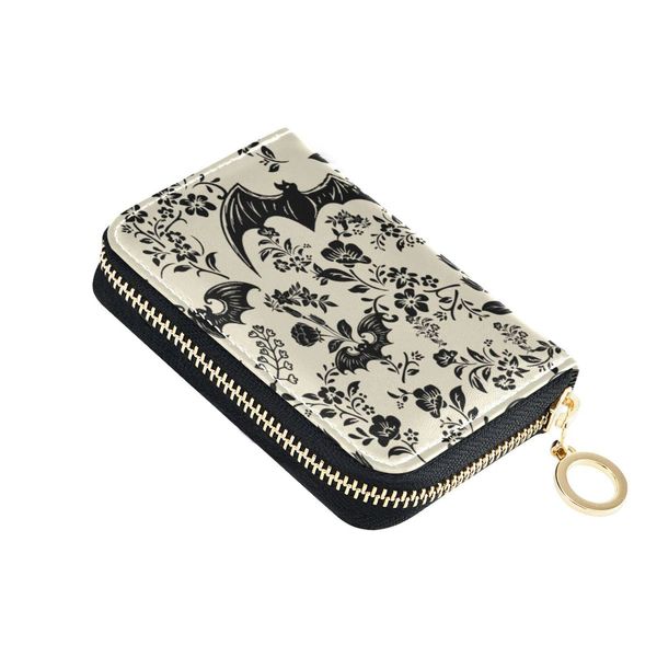 NCRJCZQL Goth Bat Flowers RFID Credit Card Holder Wallets Accordion for Women Leather Zipper Card Case Accordion Wallet for Ladies Girls