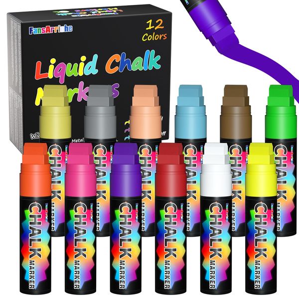 FansArriche Kreidestifte für Tafel Abwaschbar 15 mm, 12 Fensterfarbe, Liquid Chalk markers für Erwachsene & Kinder, kreidestifte für fenster, Tafel, als Glasstift & Whiteboard