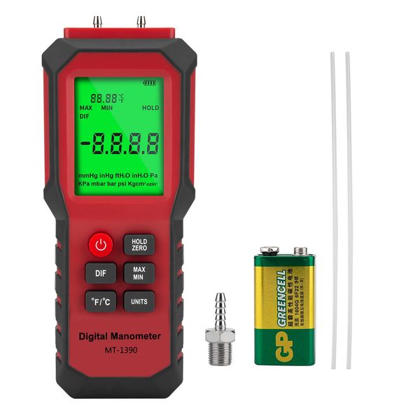 Digital Manometer Air Pressure Meter, YZT Meter Differential Pressure Gauge, HVAC Gas Pressure Meter Dual-Port Manometer Gas Pressure Tester (9v Battery Included)…