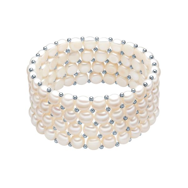 Valero Pearls Damen-Armband elastisch Süßwasser-Zuchtperlen in ca. 6 mm Button weiß 925 Sterling Silber 19 cm - Perlenarmband mit echten Perlen weiss