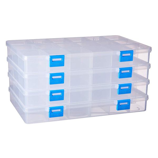 BENECREAT 4 Pack 18 Grids Large Transparent Plastic Storage Box Bead Organizer with Adjustable Dividers for Jewelry, Beads, Tools, Craft Accessories and Other Small Items - 9.4x5.7x1.18 Inch