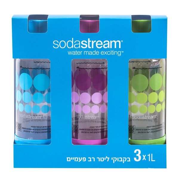 Original sodastream Three Pack 1 Liter Carbonating Bottles for Home - Lasts 2 years - Purple, Blue, and Green