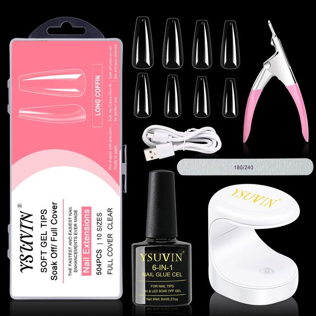 Yueshop Soft Full Cover Nail Tips Glue Gel Nail Set -504PCS Long Coffin Shape Gelly Gel Nail Tips Clear Full PMMA Cover Nail Tips Nail Glue UV Nail Lamp Nail Art Tools Kit 10 Sizes for DIY Nai