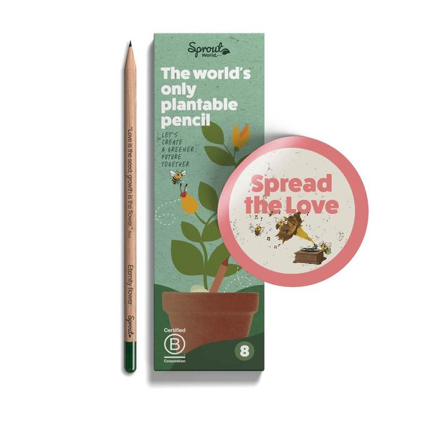 Sprout Wood-Cased Pencils | Spread the Love Edition | #2 HB Pre-Sharpened Graphite Plantable Wooden Pencils with flower, Herb & Vegetable Seeds | With Heart-Warming Quotes | 8 Pack