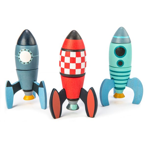 Tender Leaf Toys - Rocket Construction - 18 Pc Wooden Construction Toy Playset Builds 3 Space Ships - Develops Dexterity, Problem Solving and Imaginative Play - Ages 3+