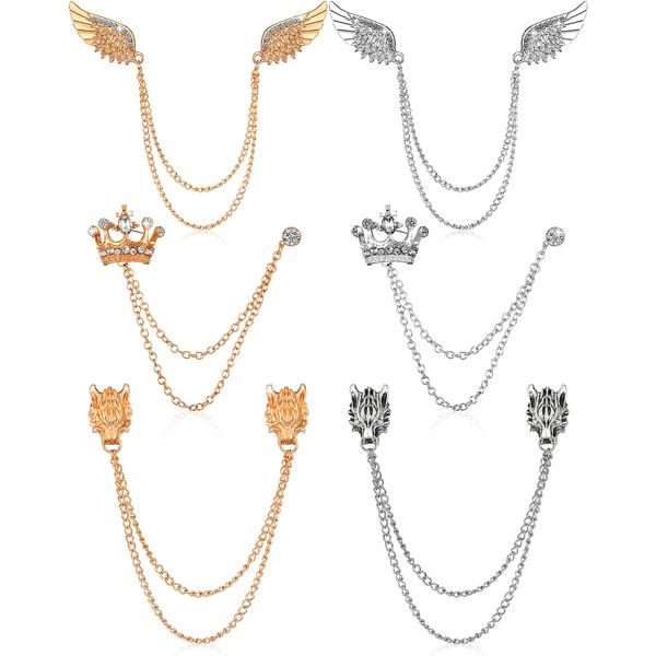 6 Pieces Tassel Chain Brooch Collar Pins Wedding Brooches Collar Pins Wings Wolf Head Crown Lapel Pins Suit Shirt Tuxedo Accessories for Wedding Anniversary Halloween Birthday Party Office