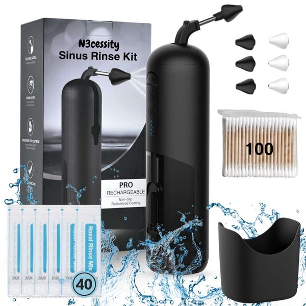 Sinus Rinse Kit - Cordless Nasal Rinse Machine for Sinus Relief & Nasal Care, Electric Neti Pot with 6 Tips, 40 Salt Packs and 100 Cotton Swabs Nasal Irrigation Sinus Cleaner Machine for Adult & Kid