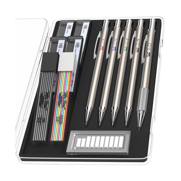 Mr. Pen- Metal Mechanical Pencil Set with Lead and Eraser Refills, 5 Sizes, 0.3, 0.5, 0.7, 0.9, 2mm, Drafting, Sketching, Architecture, Drawing Metal Mechanical Pencils