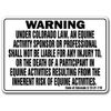 Colorado Equine Sign Activity Liability Warning Statute Horse Farm Barn Stable, 10" x 14" Rigid Plastic