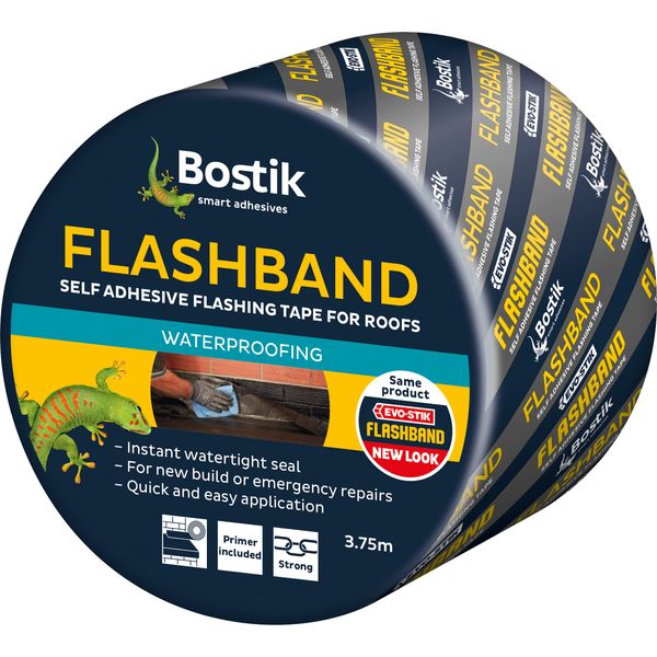 Bostik Flashband Self Adhesive Flashing Tape for Roofs, Provides an Instant Watertight Seal, Colour: Grey, 100mm x 3.75m Complete With Primer
