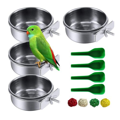 kathson Stainless Steel Bowls for Birds,4 Pcs Parrot Feeder Dish Cups,Bird Cage Water Food Bowl Coop Cup with Clamp Holder for Parrots Cockatiel Budgies Parakeet Lovebird(M)