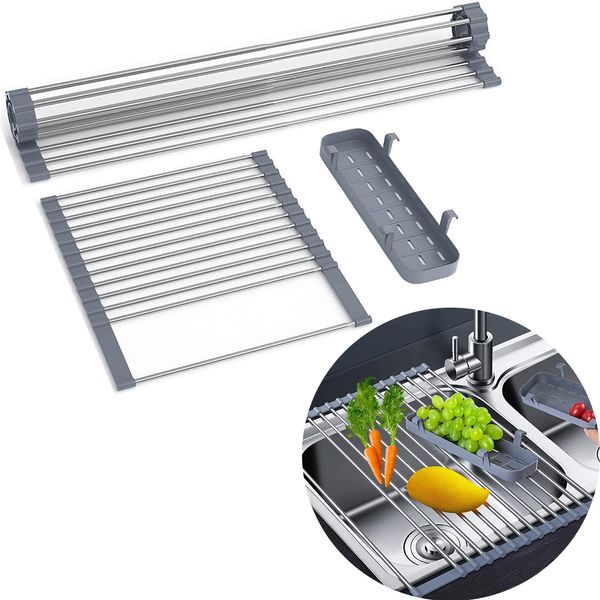 GooTouch Extending Dish Drying Rack, Ideal for Studio Kitchens, Compact Storage (12.6 x 12.6 inches (32 x 32 cm), Widens Over the Sink (Up to 22.8 inches (58 cm), Rolls Up, Rust-free, Extendable,