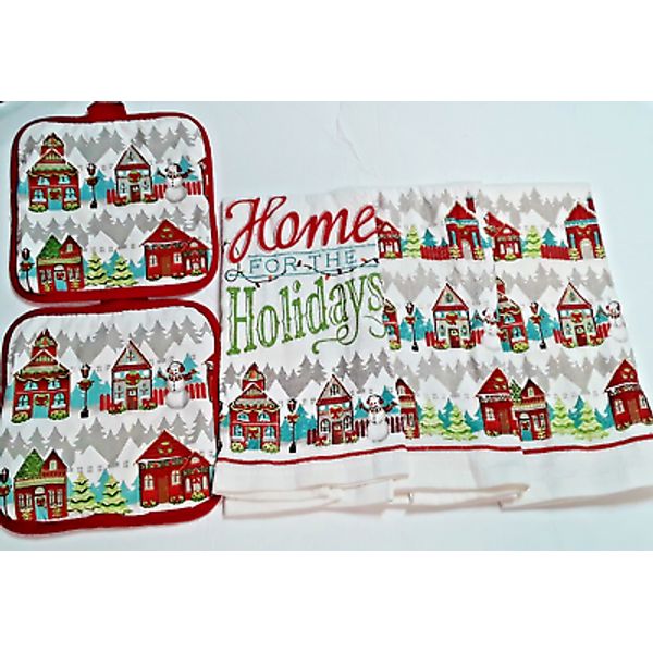 Home For the Holidays 3 Dish Towels 2 Pot Holders 5 Piece Set