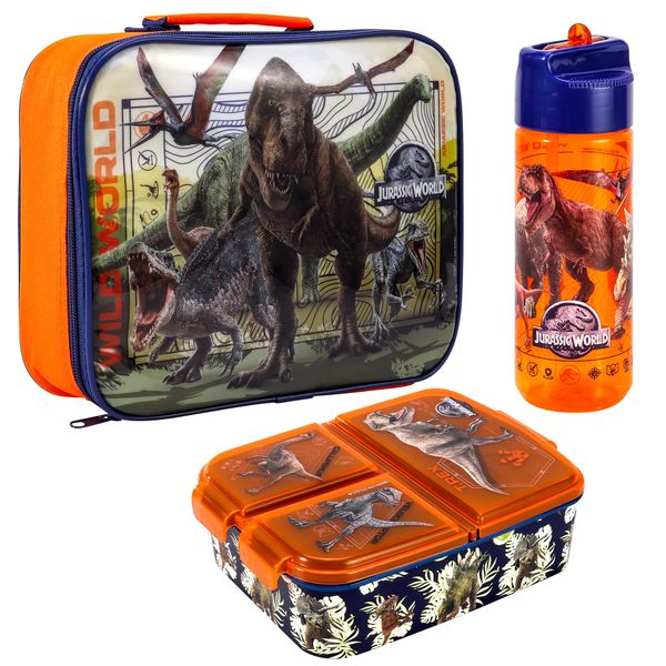 Zawadi Global Jurassic World Kids Childrens Lunch Box Set – Insulated Lunch Bag, Multicompartment Lunch Box & 540ml Water Bottle - School Travel Lunch Food Set, BPA Free