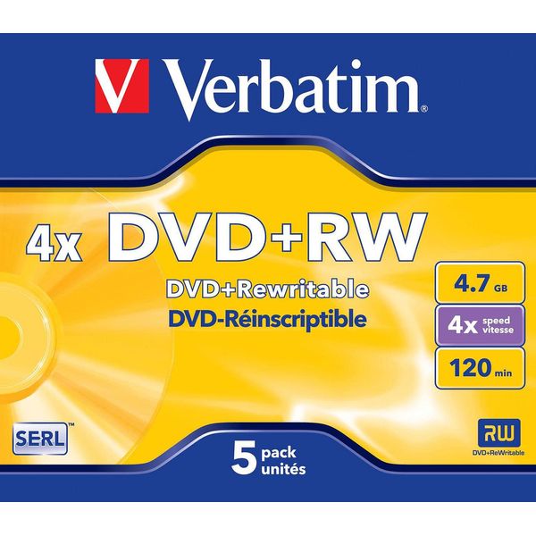 Verbatim DVD+RW 4X, 4.7GB Branded Matt Silver,5 Pack, 43229