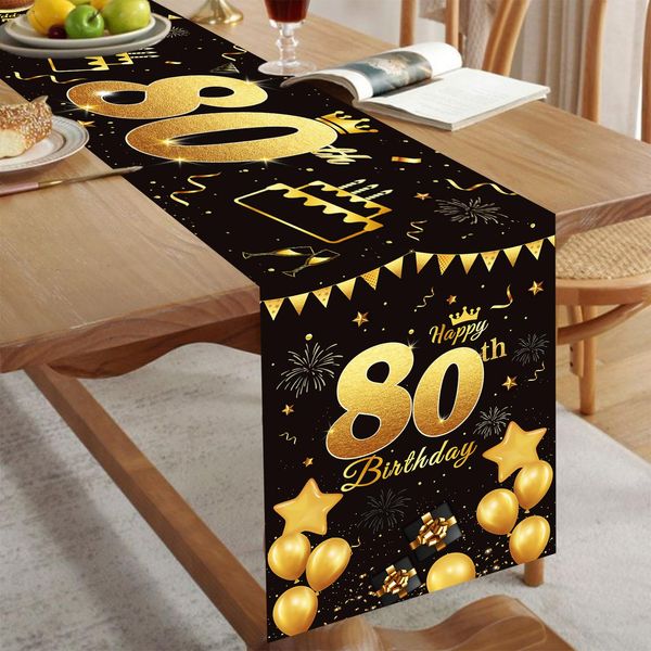 80th Birthday Table Runner Black Gold Happy 80th Birthday Table Runner for Men Women 80 Years Old Birthday Anniversary Celebration Party Non-Slip Dining Table Linen Cloth Decorations, 180x35cm Long