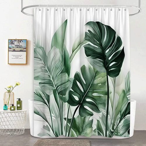 YOZSLGU Green Palm Leaves Shower Curtain Tropical Monstera Leaf Rustic Nature Botanical Jungle Minimalist Fabric Bathroom Decor Curtains Set with Hooks