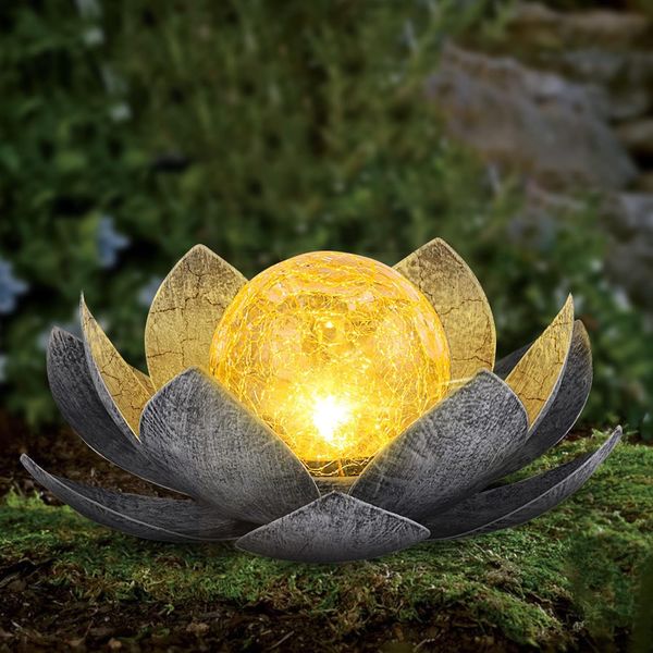 Garden Solar Light Outdoor(2Pack), Amber Crackle Globe Glass Lotus Decoration, Waterproof Gary Metal LED Flower Lights for Patio,Lawn,Walkway,Tabletop,Ground